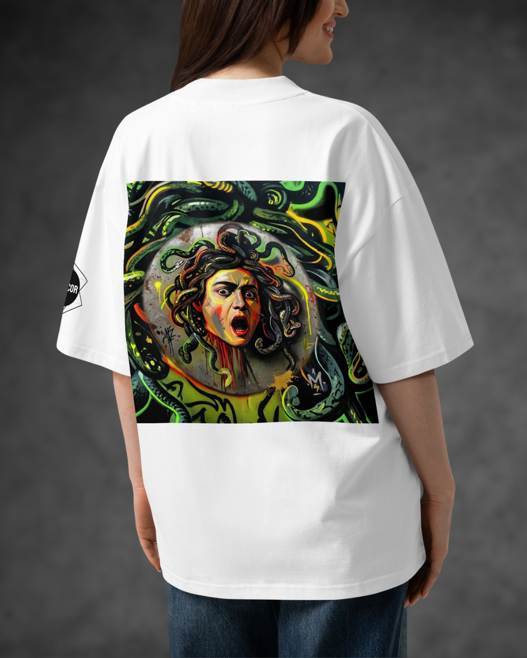Medusa Graffiti Graphic Oversized Mock Neck T-shirts